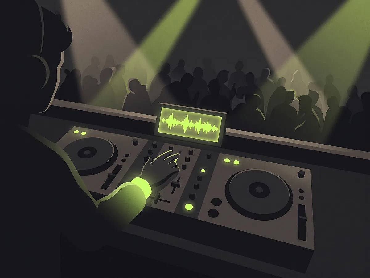 A DJ mixing at a club booth with a glowing waveform display on the DJ drop being played