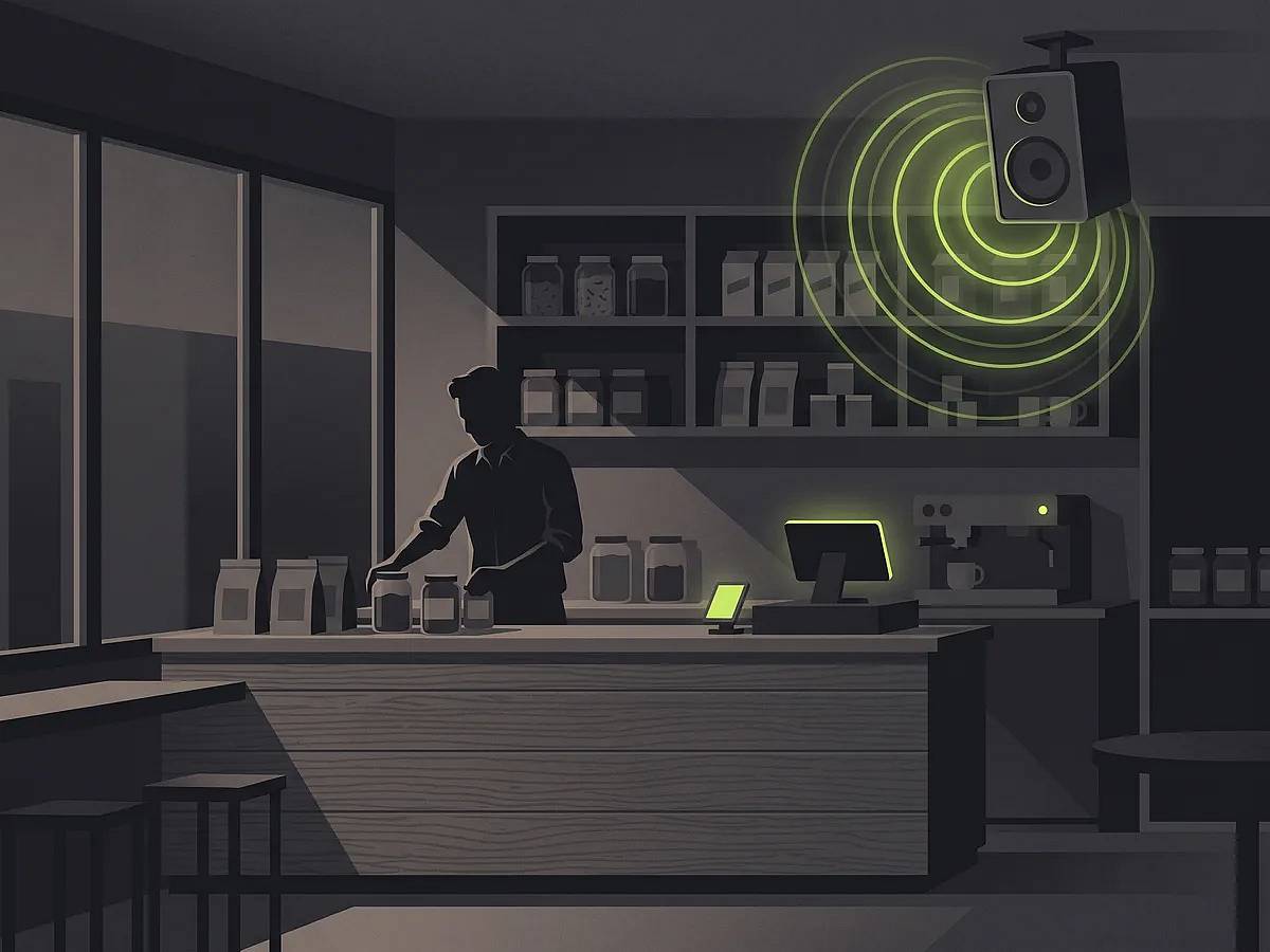 A small shop interior with a ceiling speaker playing a store promo, sound waves radiating from it