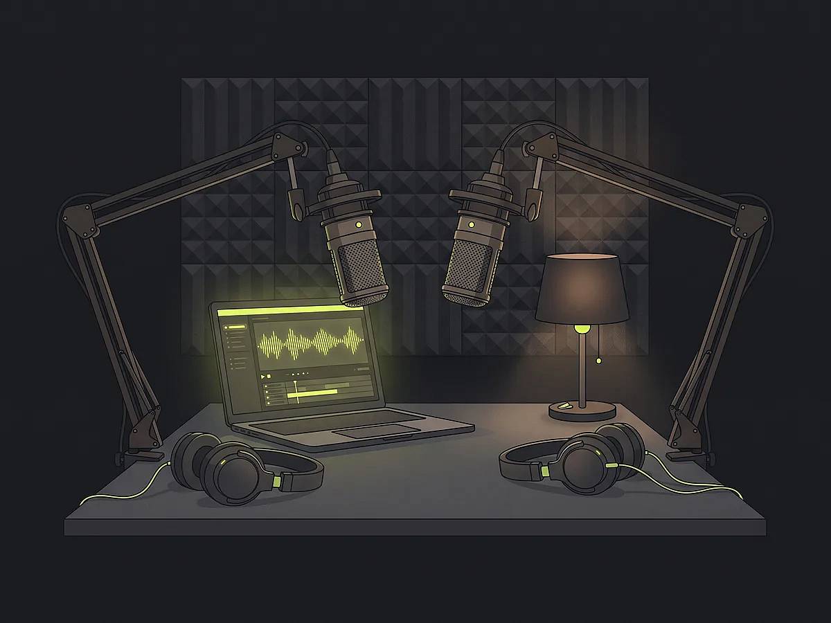 A podcast recording desk with two condenser microphones, headphones and a laptop showing a podcast intro waveform