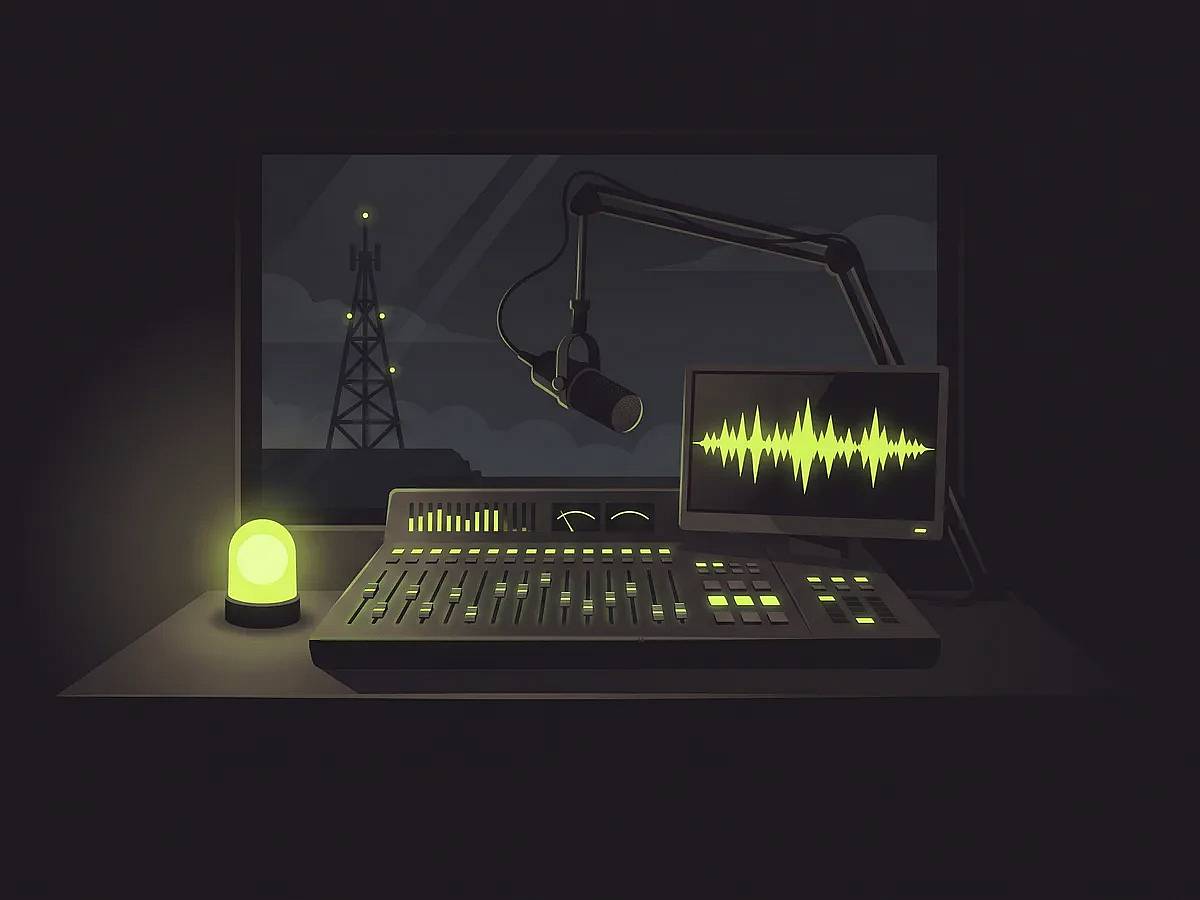 A radio station control room at night with a mixing console, boom microphone, on-air lamp and a jingle waveform on the monitor