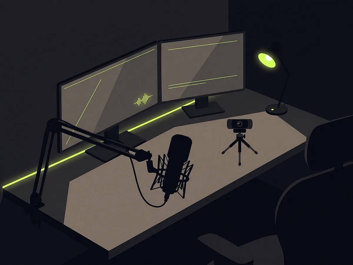 A live streaming desk at night with a broadcast microphone, webcam and an alert sting waveform on screen