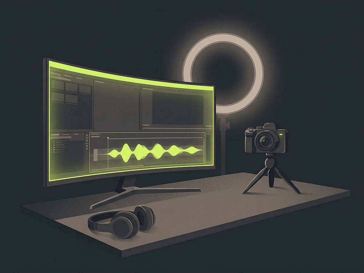A video editing desk with a channel intro audio track on the timeline, a camera and a ring light